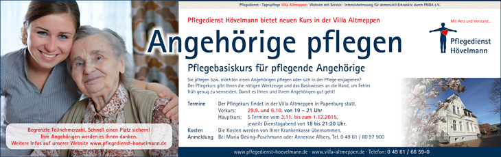 Angehörige pflegen - Pflegebasiskurs in der Villa Altmeppen